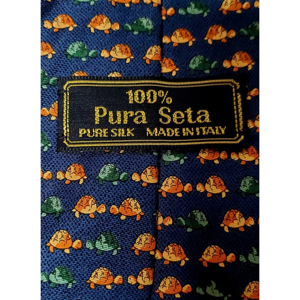 VTG Pura Seta Necktie Made Italy Silk Navy Green & Brown Turtles Greeting - Picture 5 of 6